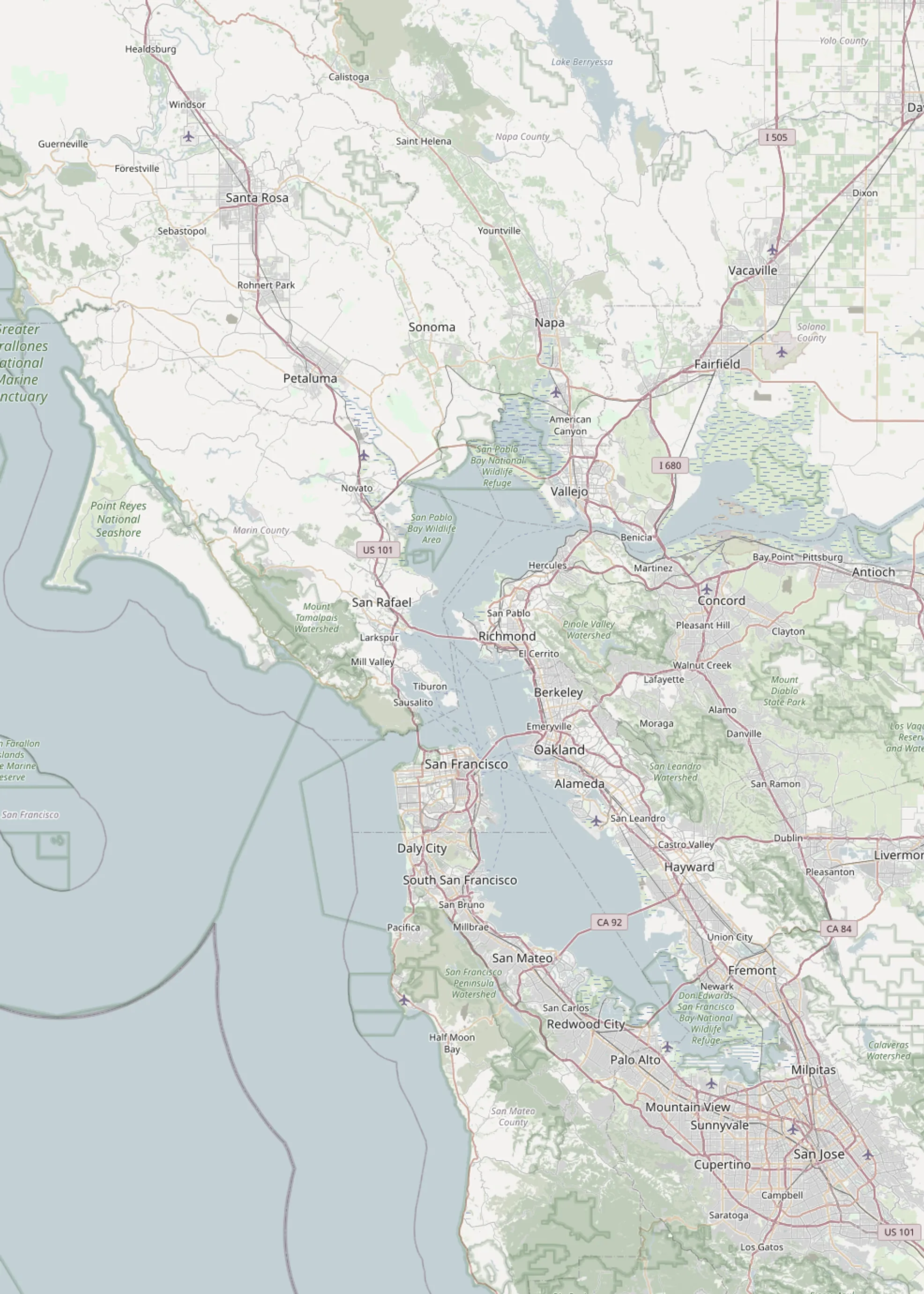 Map of the San Francisco Bay Area showing the 66 cities we serve, from Healdsburg in the north to Saratoga in the south