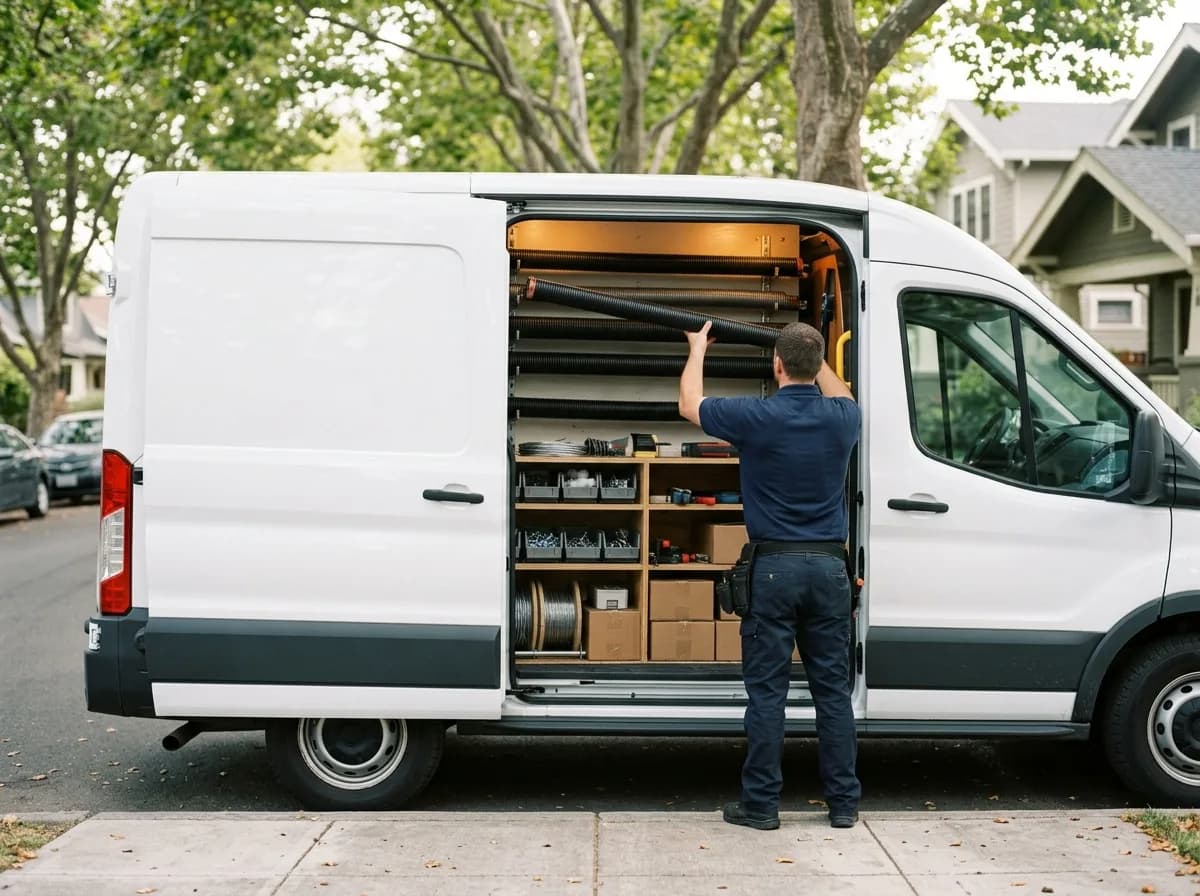 A stocked Bay Area Garage Door Service work van with a technician lifting a spring from the rack