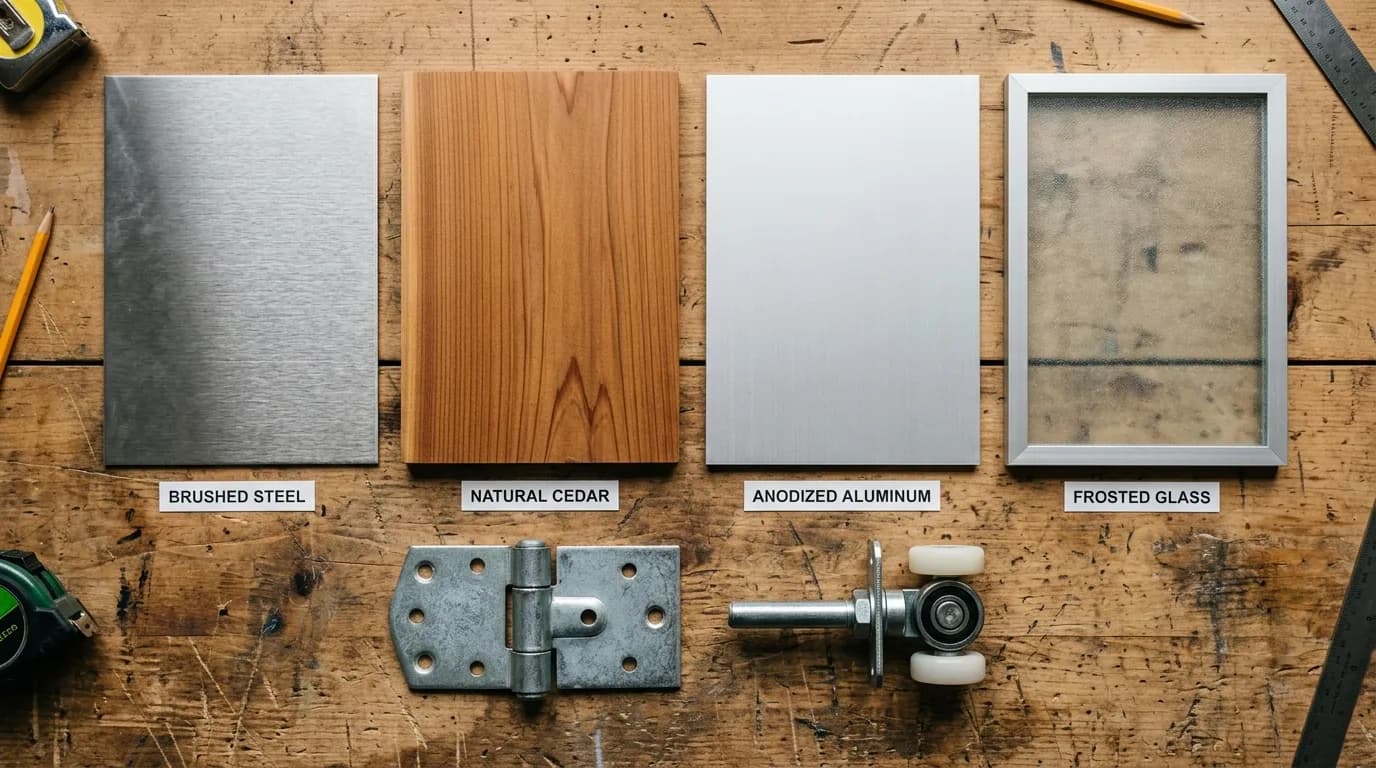 A flat-lay of garage door material samples — steel, wood, aluminum, glass