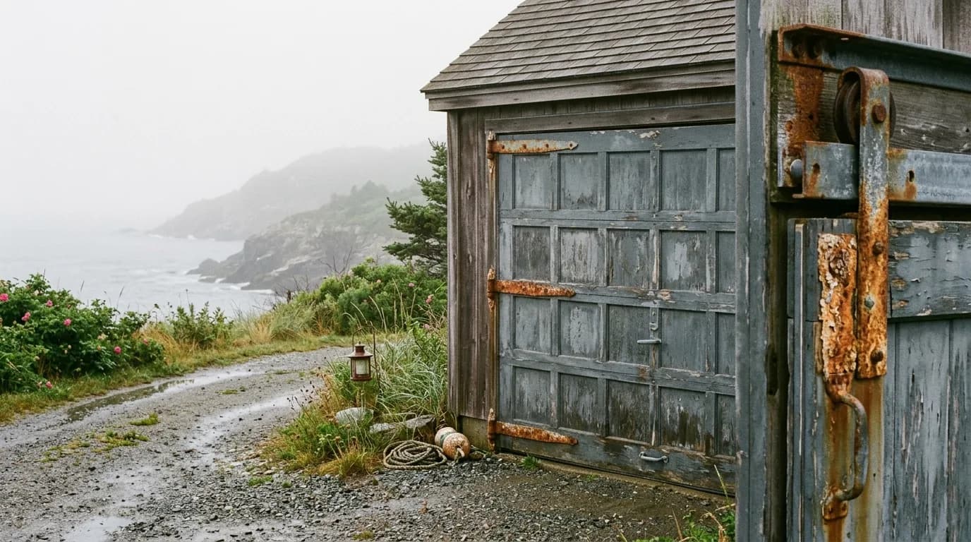 A foggy coastal driveway with a garage door showing early salt-air corrosion on the hinges