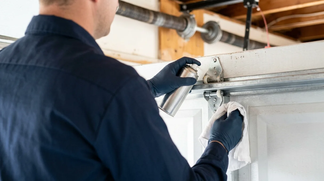 A technician lubricating garage door rollers and hinges during a maintenance tune-up