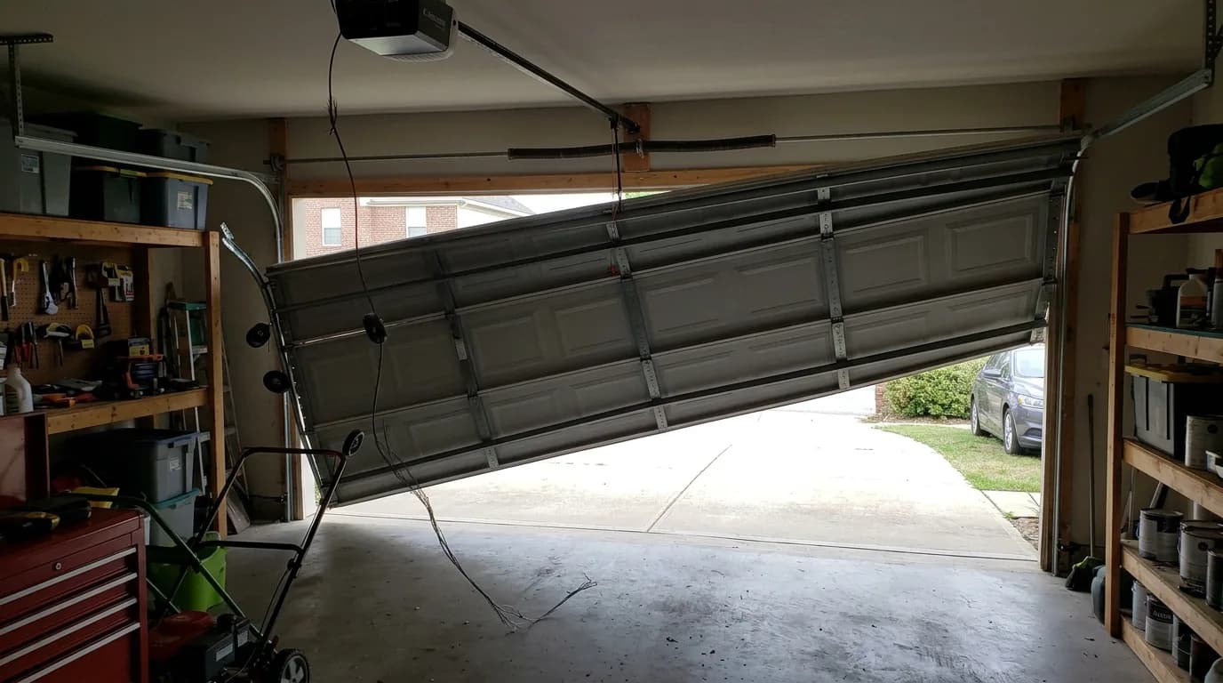 A residential garage door hanging crooked and off its track with a frayed lift cable