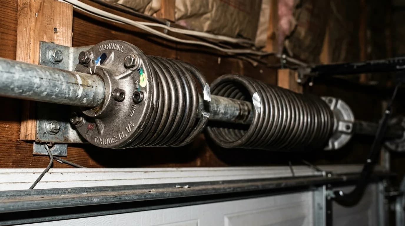 A close-up of a broken torsion spring above a residential garage door, coils separated