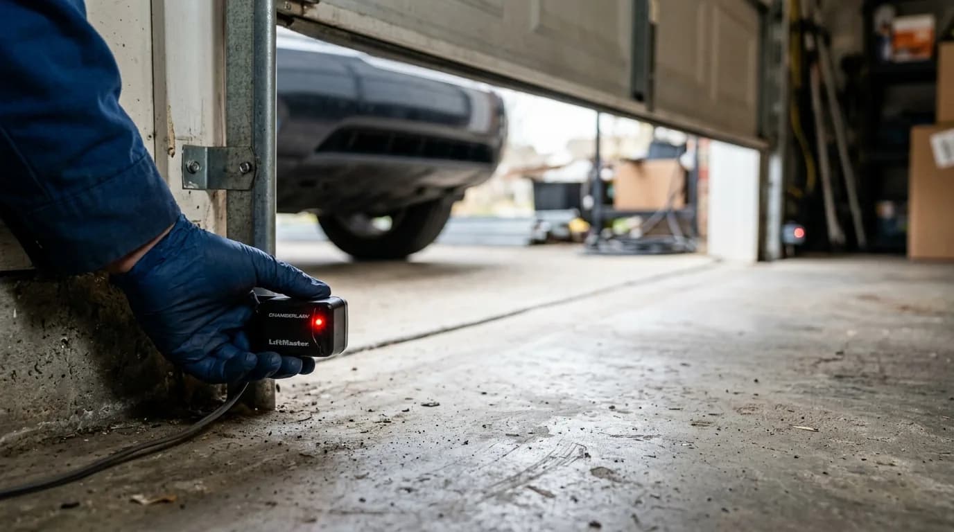 A technician's gloved hand testing a garage door photo-eye safety sensor near the floor