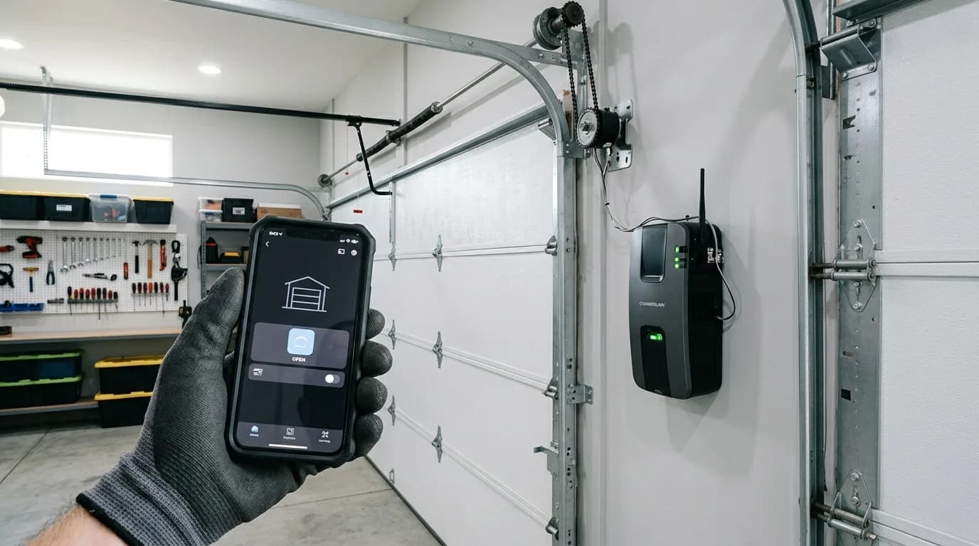 A modern wall-mount smart garage door opener with a phone showing the myQ app