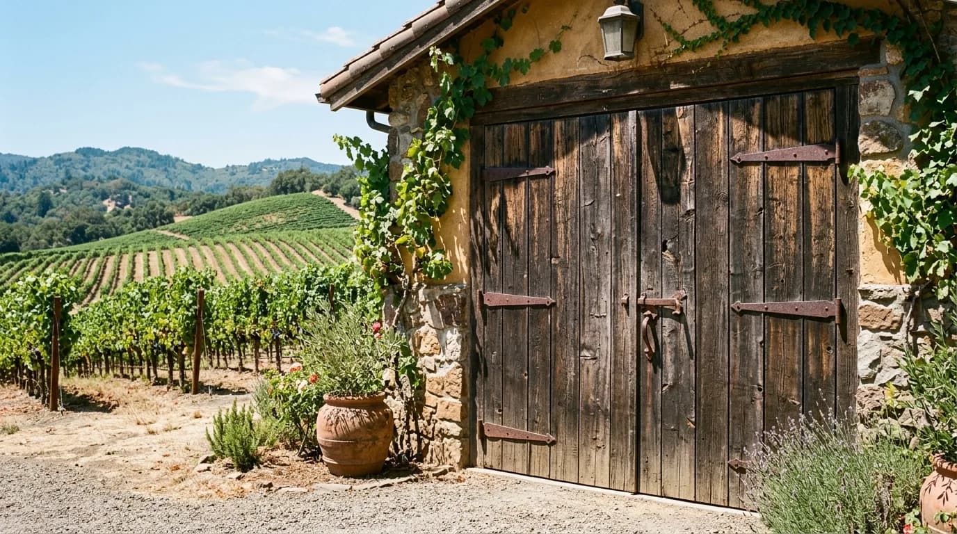 A wood garage door on a sunlit Napa wine-country estate with vineyard rows behind