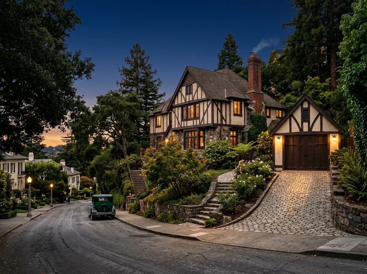 A garage door on a Piedmont, Alameda home characteristic of the area