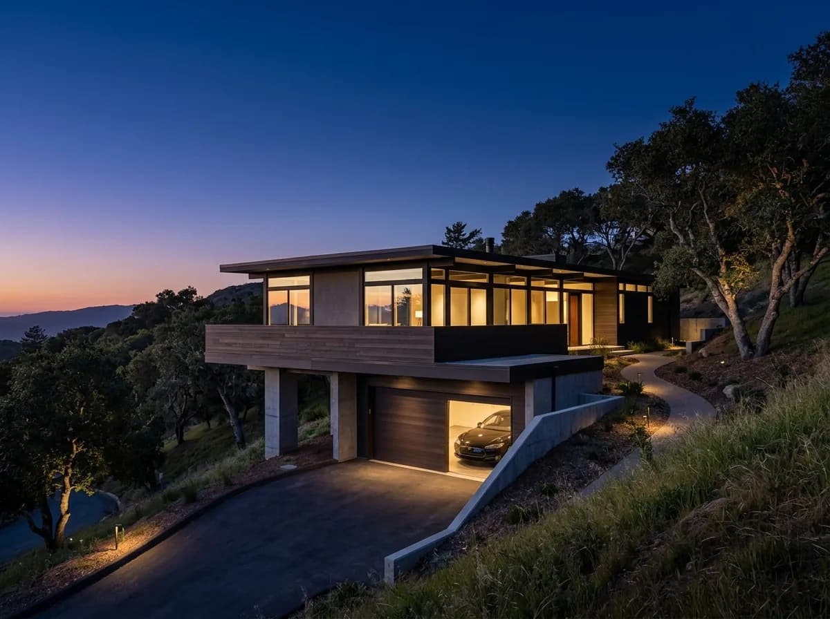 A garage door on a Portola Valley, San Mateo home characteristic of the area