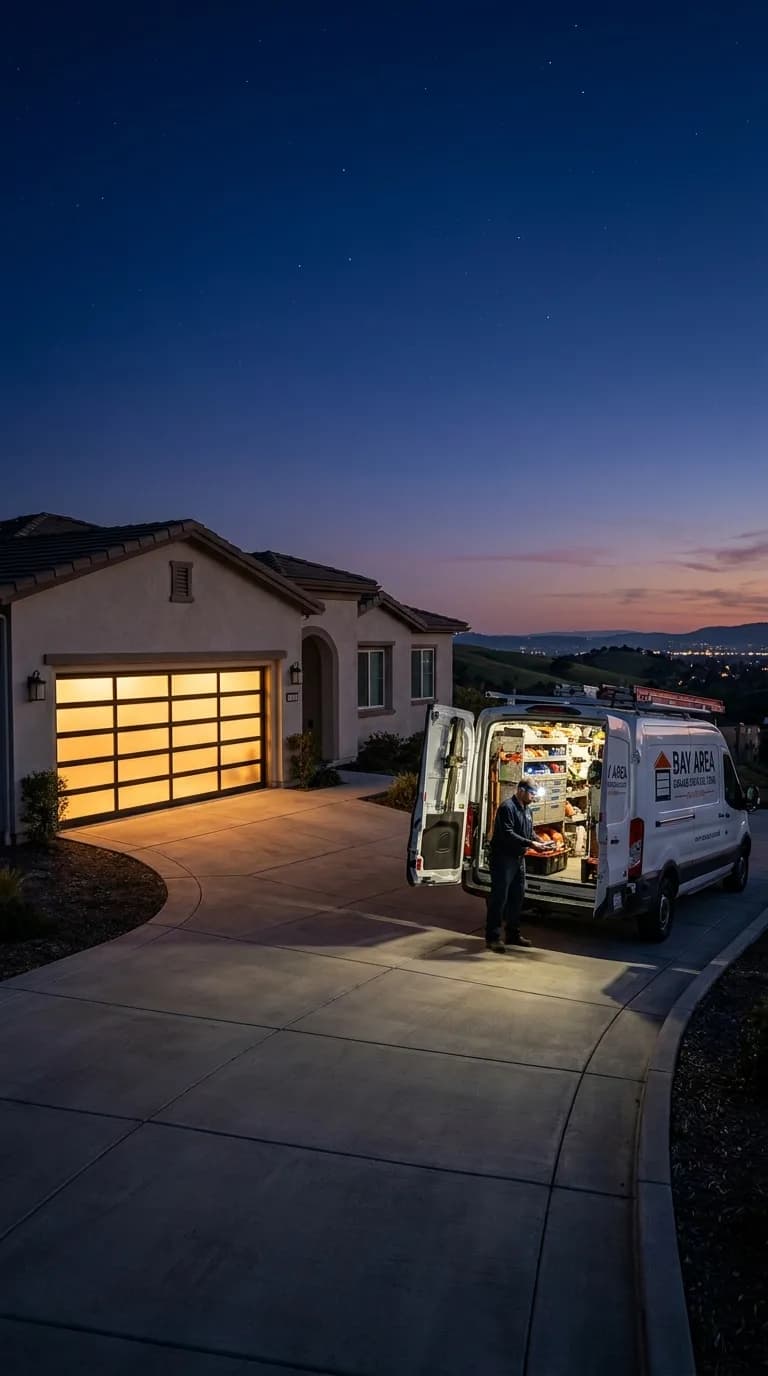 A technician working at the open rear of a stocked service van in a Bay Area driveway at dusk