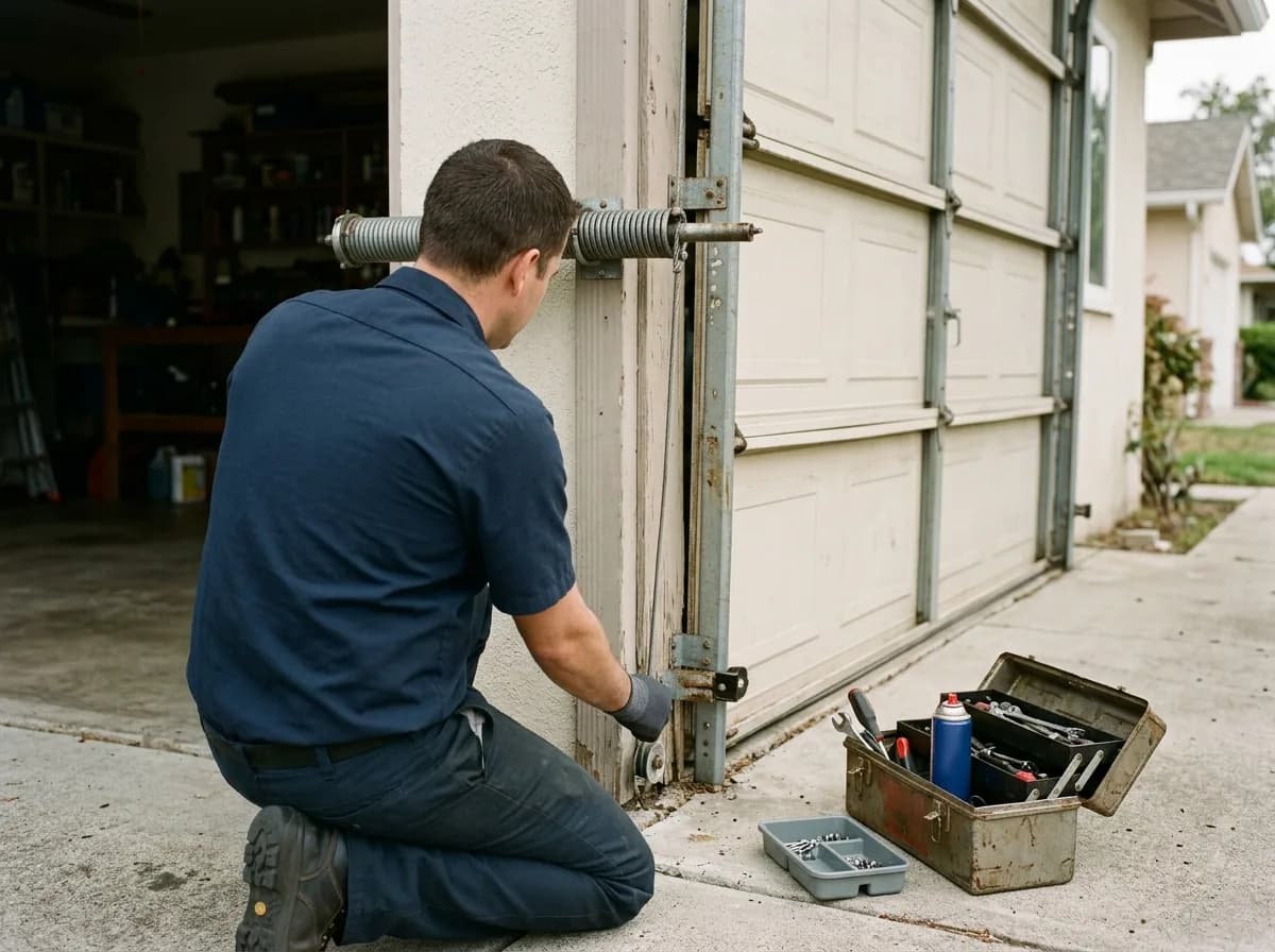 Garage Door Repair — a technician performing garage door repair on a residential garage door