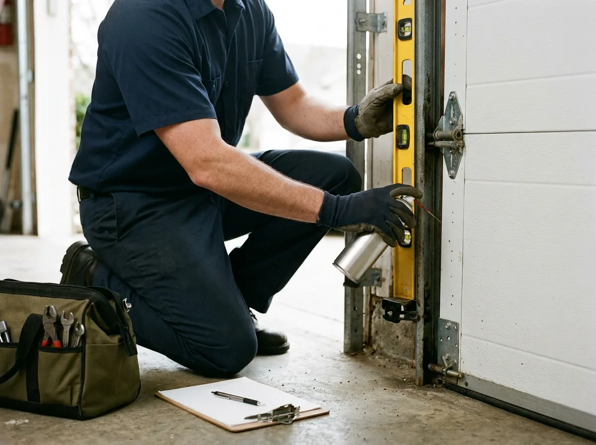 Garage Door Maintenance & Safety Tune-Up — a technician performing maintenance & tune-up on a residential garage door