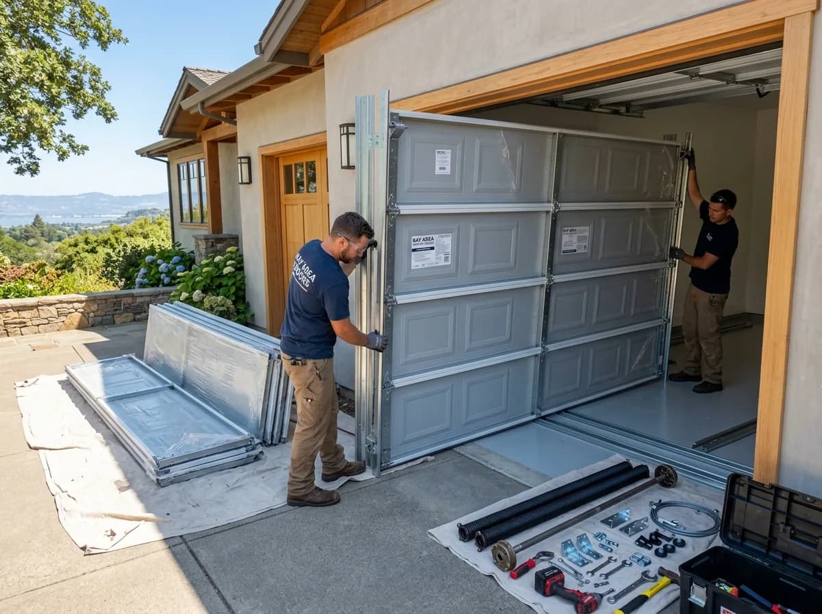 New Garage Door Installation — a technician performing new installation on a residential garage door