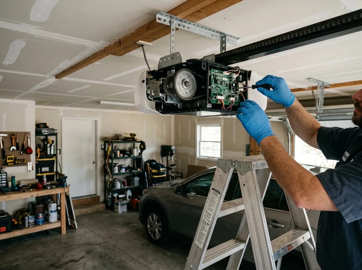 Garage Door Opener Repair & Installation — a technician performing opener repair on a residential garage door