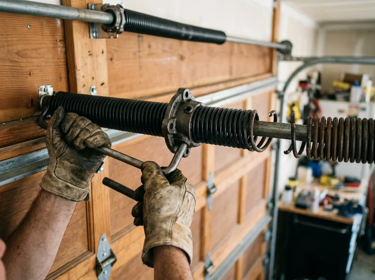 Garage Door Spring Repair & Replacement — a technician performing spring repair on a residential garage door